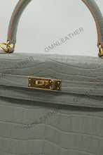 Load image into Gallery viewer, Verona 25 Kelly Style Opaque Saltwater Croc Leather Grey Color Gold Hardware
