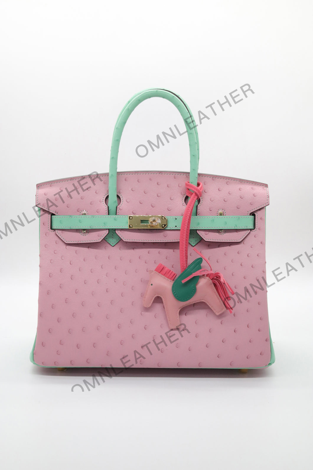 London 30 Birkin Style Ostrich Leather Pink Green Mix Color Gold Hardware